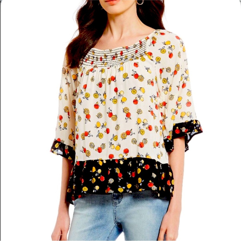 Democracy Smocked Boat Neck Fruit Print Boho Blouse Size 2X